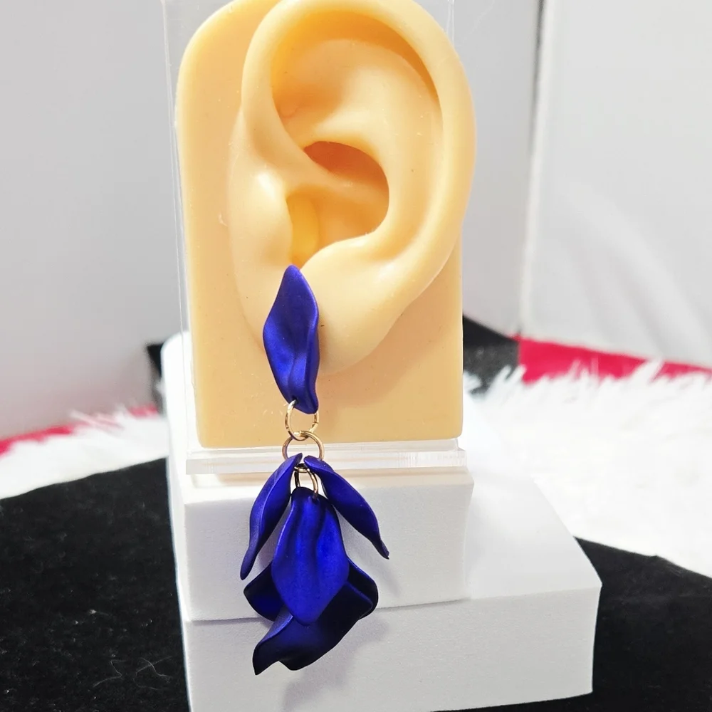Royal Blue Flower Petal Earrings Sculptural Floral Statement Dangle Earrings New